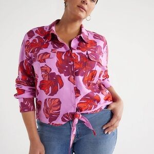 Sofia Jeans Linen Blend Tie Front Purple Red Floral Top Blouse Size Large